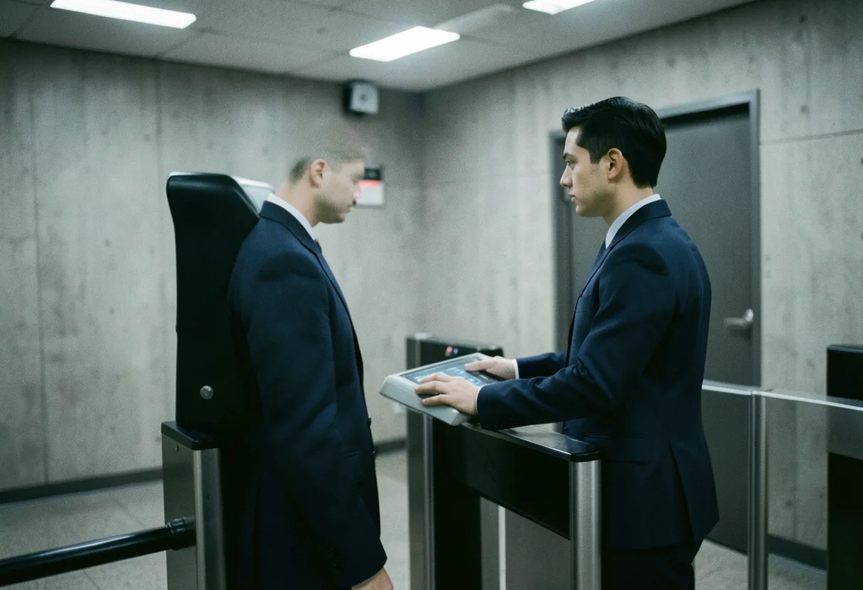 A security checkpoint with a clearance protocol document in the foreground, blurred figures in the background.