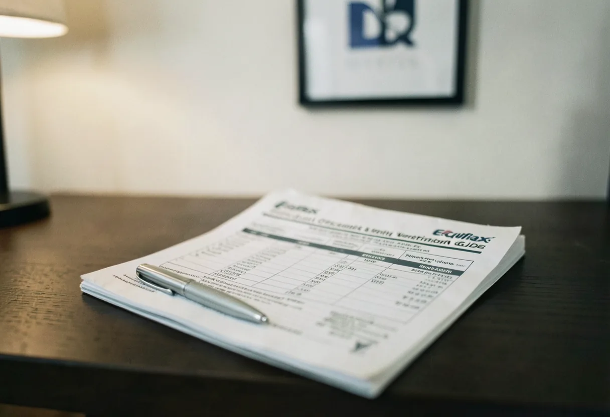 Dog-eared Equifax credit report guide on a muted, diffused-lit background.