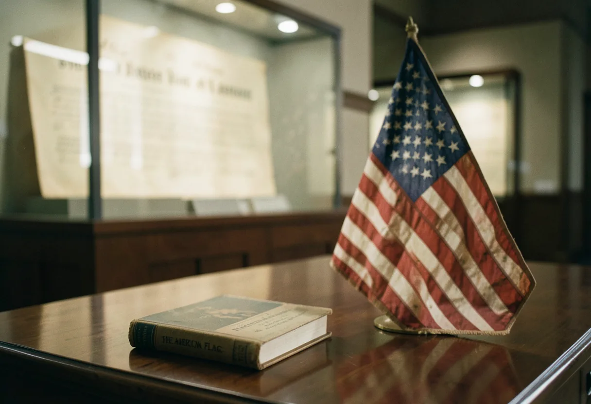 A weathered 1945 American flag displayed at a solemn National Archives ceremony, Estados Unidos flag symbolism history.