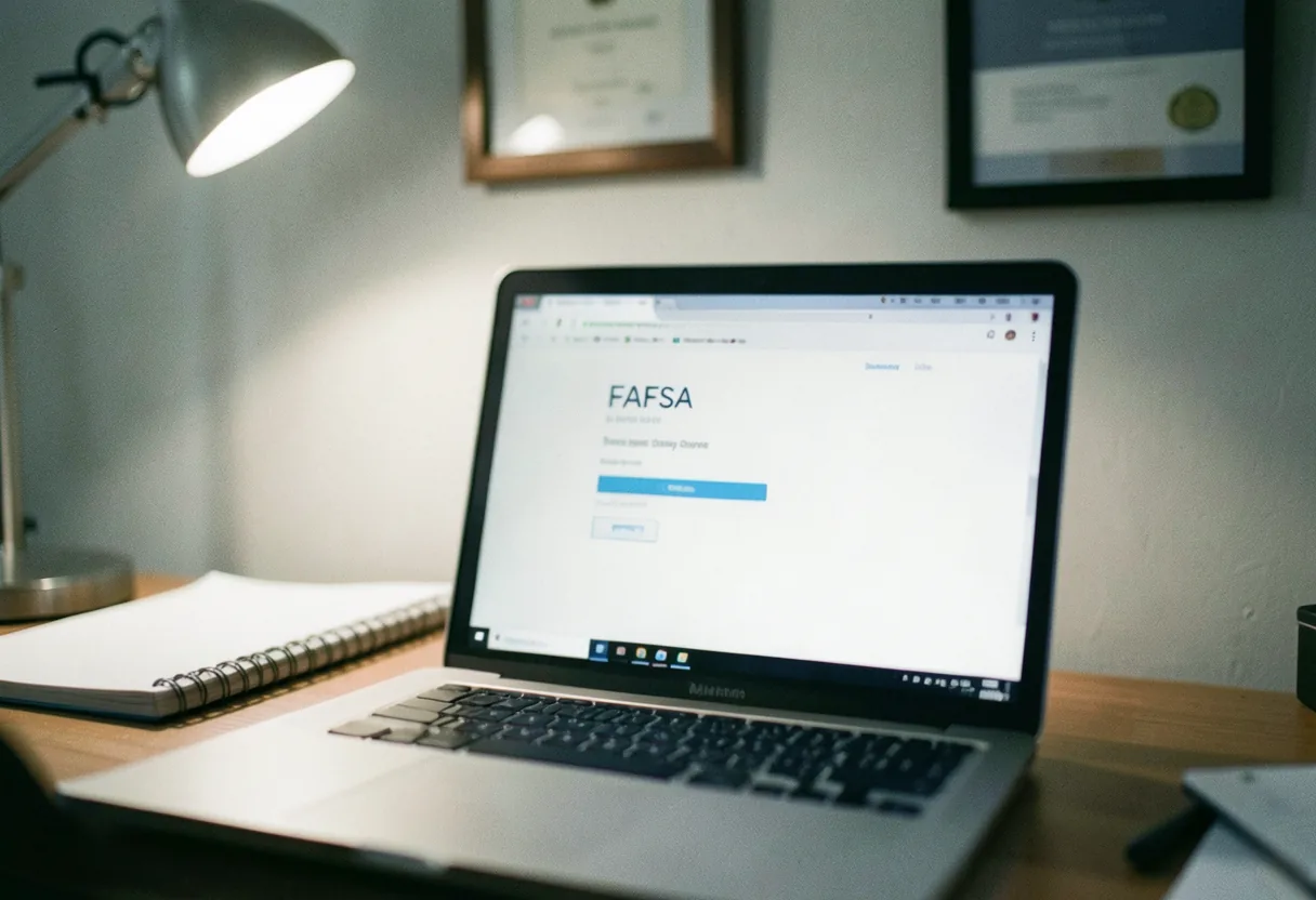 Laptop screen showing FAFSA login page, soft lighting, muted colors, how to access student aid.