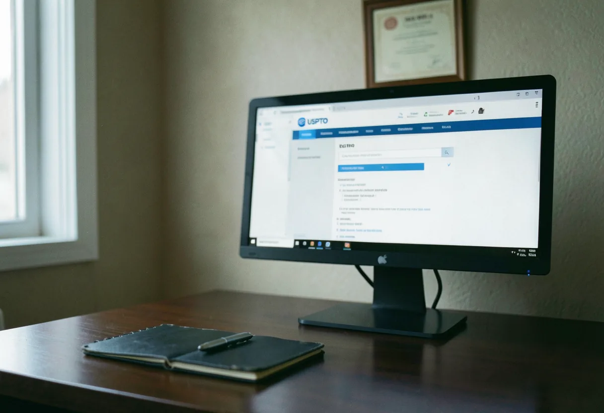 A person typing on a computer keyboard, with a patent document on the desk. Patent search.