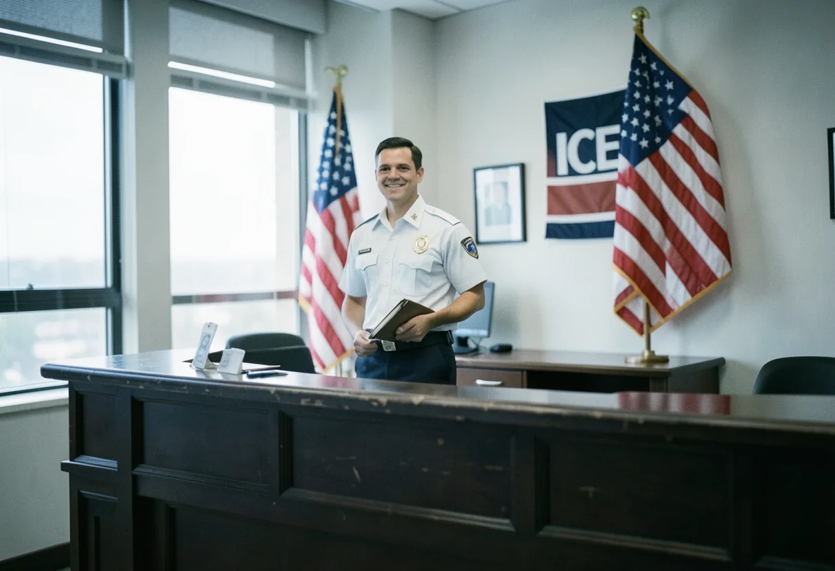 ICE officer at desk, American flag, official documents, and computer in office setting.