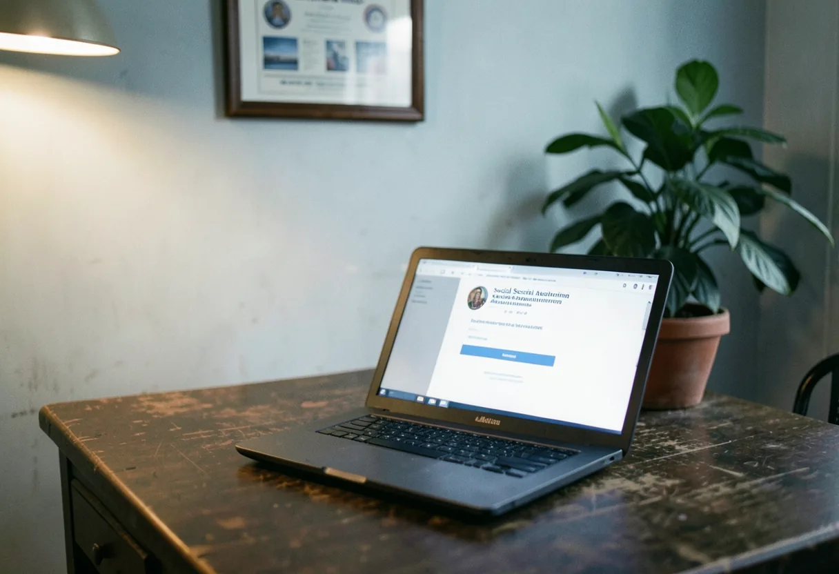 Worn wooden desk with laptop displaying Social Security Administration login guide, soft lighting.
