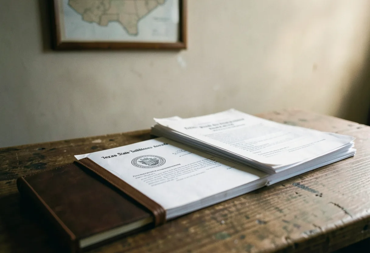 Worn wooden desk with leather-bound notebook, Texas state guidelines on paper.
