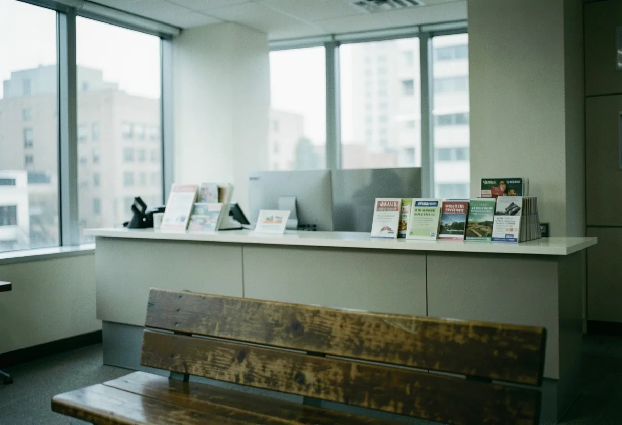 Municipal office with clean counters and neatly arranged paperwork, permitting official guidelines.