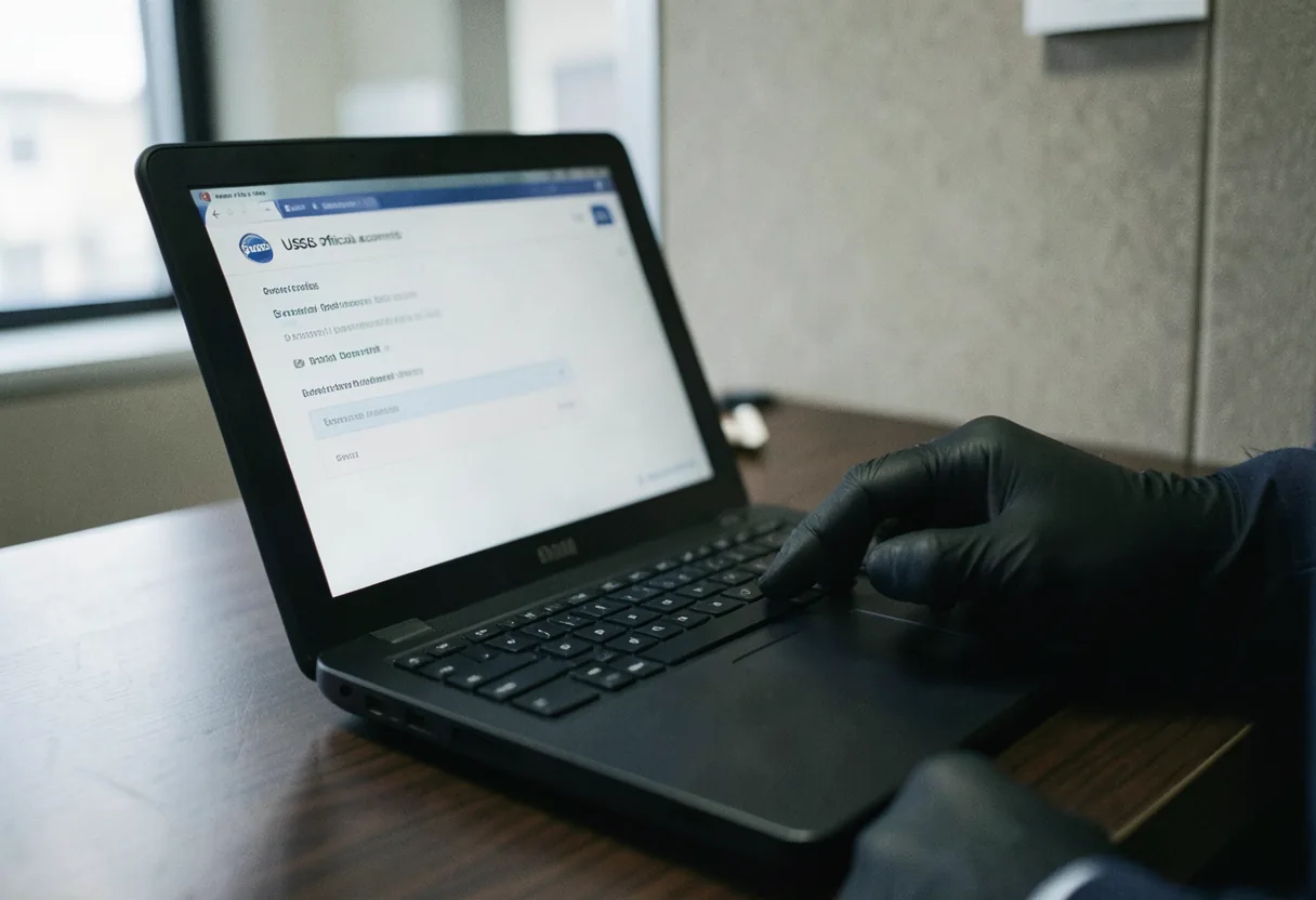 Laptop screen showing secure login for USCIS official accounts, muted tones, soft lighting.