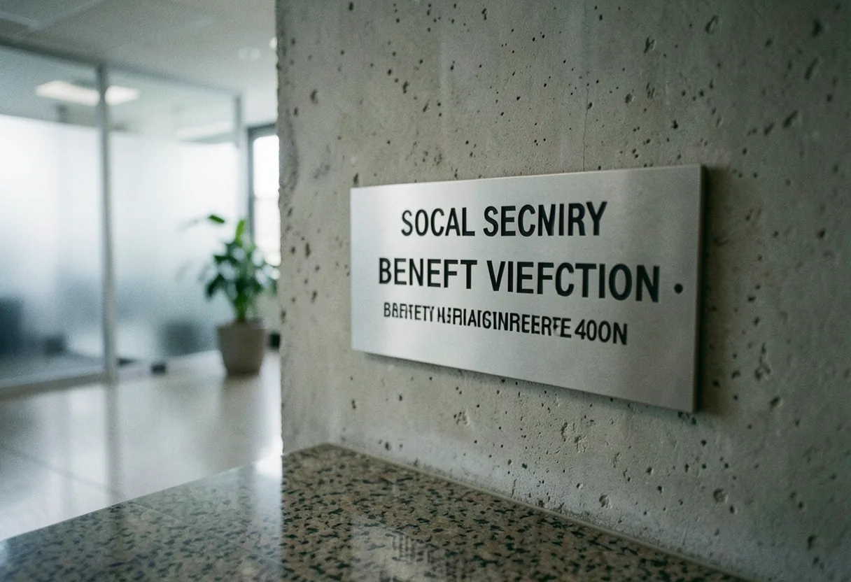 Muted metal plaque with embossed text: Social Security Official Benefit Verification. Sign on wall.