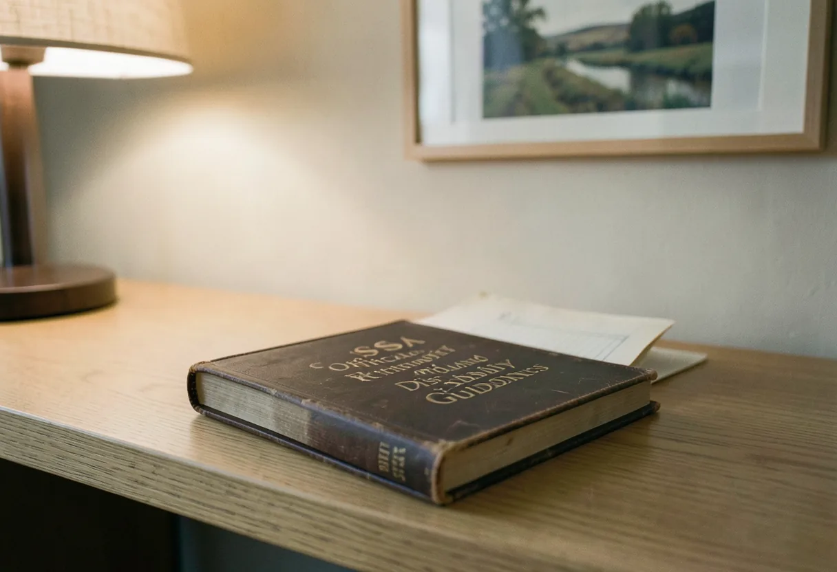 A worn brown book titled "SSA Official Retirement and Disability Guidelines" under soft light.