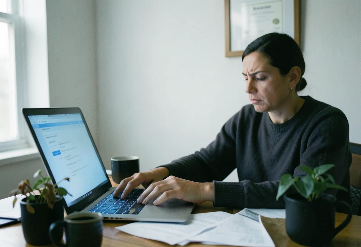 Person typing on laptop at wooden desk, tracking USCIS case status online.