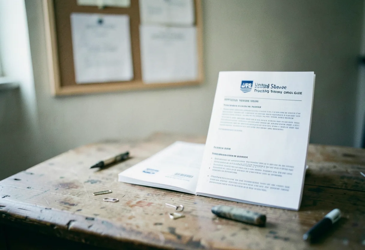 Worn wooden desk with paperclips, soft lighting, USPS tracking guide on surface.